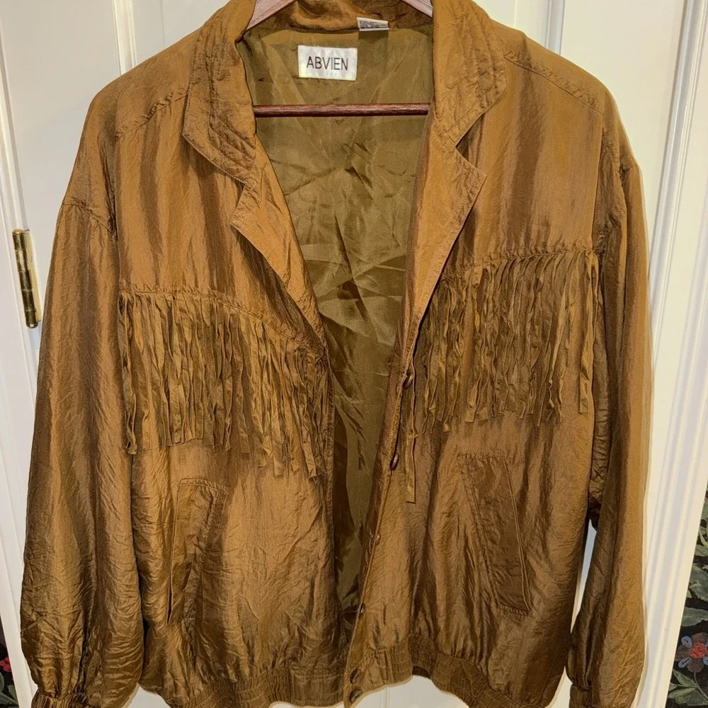 Abvien Women's 100% Silk Fringe Jacket Vintage Large Mustard‎ Brown Button Up
